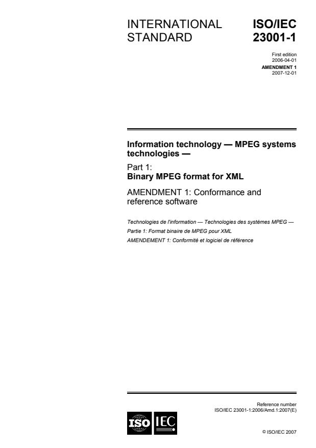 ISO/IEC 23001-1:2006/Amd 1:2007 - Conformance and reference software