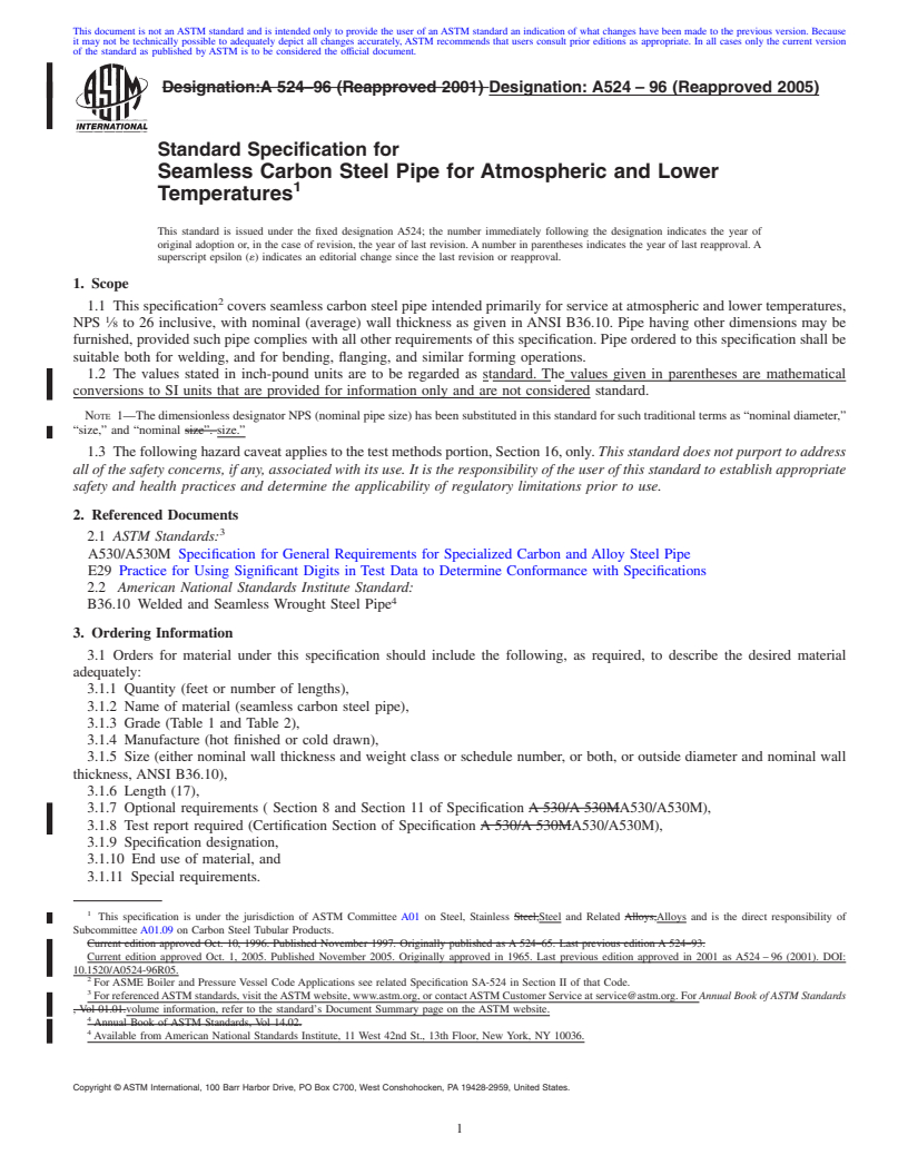 REDLINE ASTM A524-96(2005) - Standard Specification for Seamless Carbon Steel Pipe for Atmospheric and Lower Temperatures