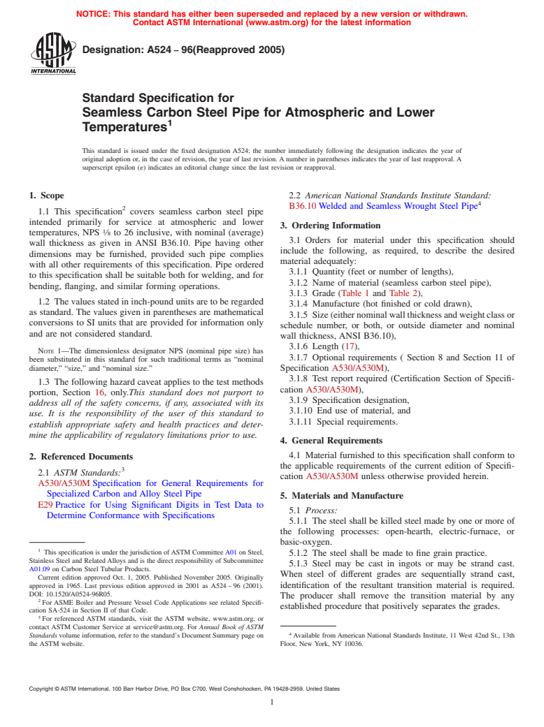 ASTM A524-96(2005) - Standard Specification for Seamless Carbon Steel Pipe for Atmospheric and Lower Temperatures