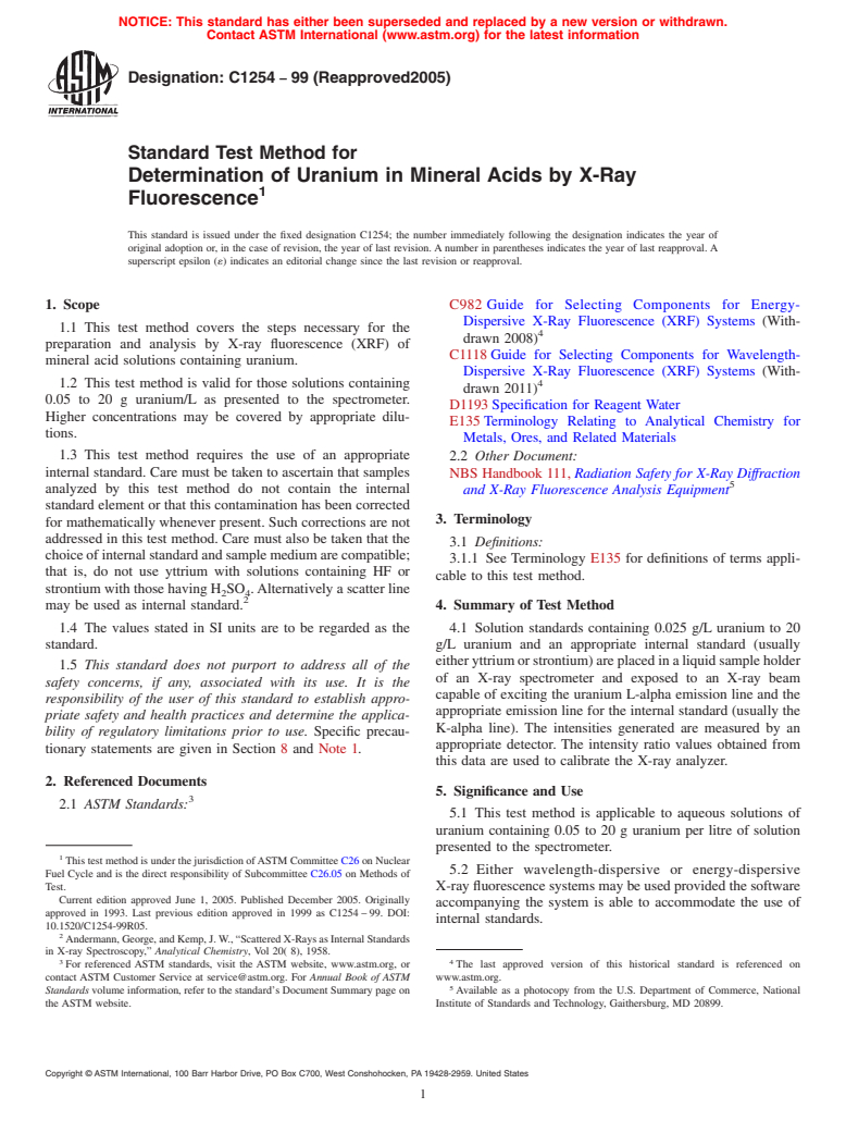 ASTM C1254-99(2005) - Standard Test Method for Determination of Uranium in Mineral Acids by X-Ray Fluorescence