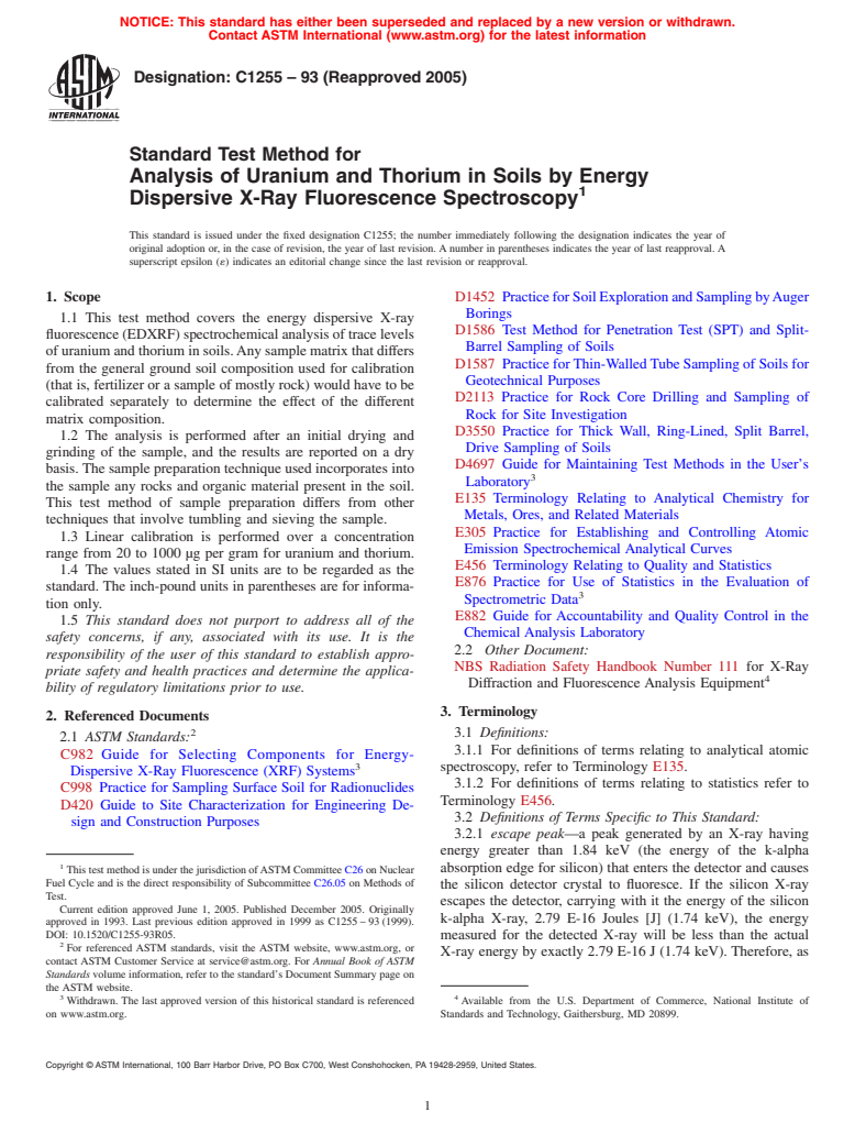 ASTM C1255-93(2005) - Standard Test Method for Analysis of Uranium and Thorium in Soils by Energy Dispersive X-Ray Fluorescence Spectroscopy