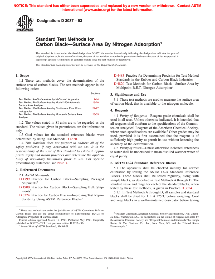 ASTM D3037-93 - Standard Test Methods for Carbon Black&#8212;Surface Area by Nitrogen Adsorption (Withdrawn 1999)