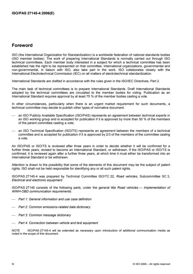 ISO/PAS 27145-4:2006 ISO/PAS 27145-4:2006 - Road vehicles -- Implementation of WWH-OBD communication requirements - Page 4 preview