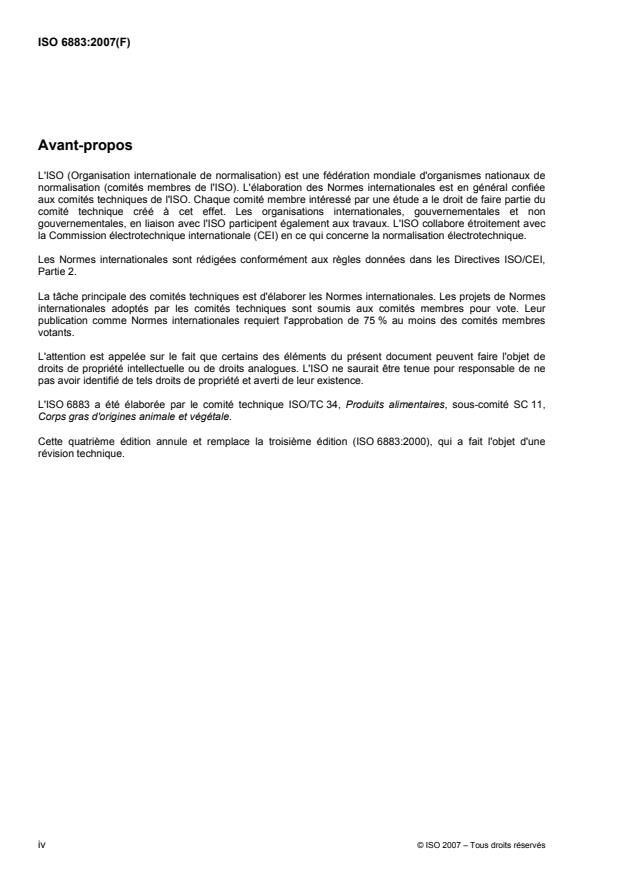 ISO 6883:2007 ISO 6883:2007 - Corps gras d'origines animale et végétale -- Détermination de la masse volumique conventionnelle (poids du litre dans l'air) - Page 4 preview