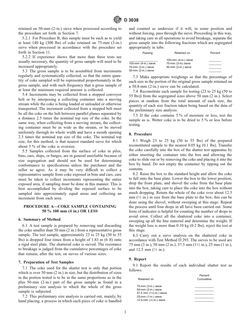 ASTM D3038-93(1999) - Standard Test Method for Drop Shatter Test for Coke