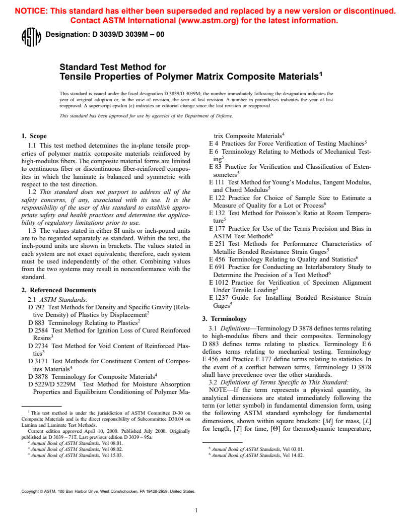 ASTM D3039/D3039M-00 - Standard Test Method for Tensile Properties of Polymer Matrix Composite Materials