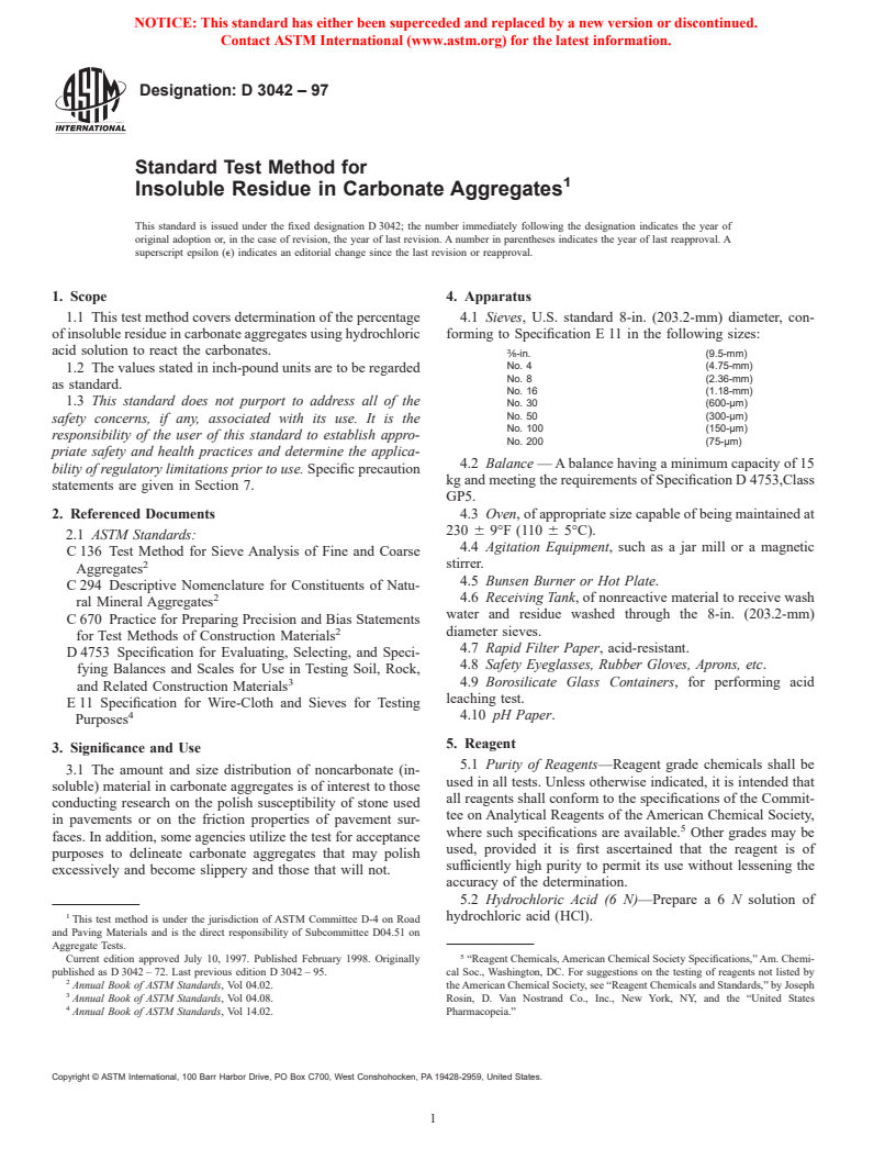 ASTM D3042-97 - Standard Test Method for Insoluble Residue in Carbonate Aggregates