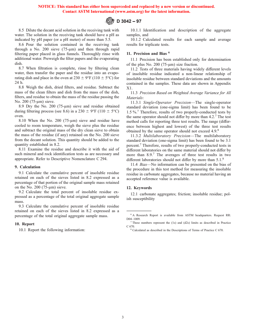 ASTM D3042-97 - Standard Test Method for Insoluble Residue in Carbonate Aggregates