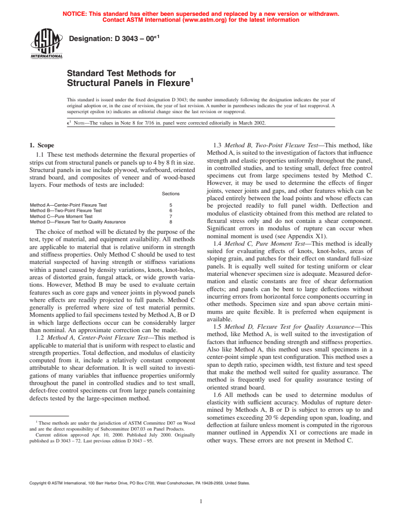 ASTM D3043-00e1 - Standard Test Methods for Testing Structural Panels in Flexure