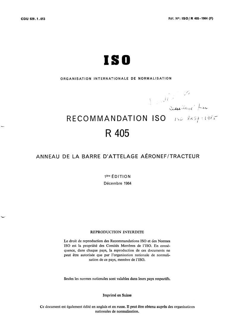 ISO/R 405:1964 - Aircraft tow bar connections to tractors
Released:12/1/1964