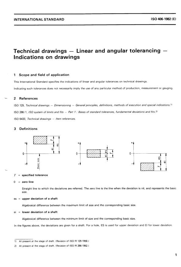 ISO 406:1982 - Technical drawings -- Linear and angular tolerancing -- Indications on drawings