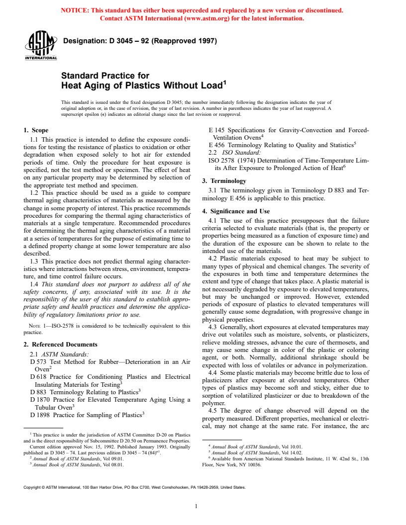 ASTM D3045-92(1997) - Standard Practice for Heat Aging of Plastics Without Load