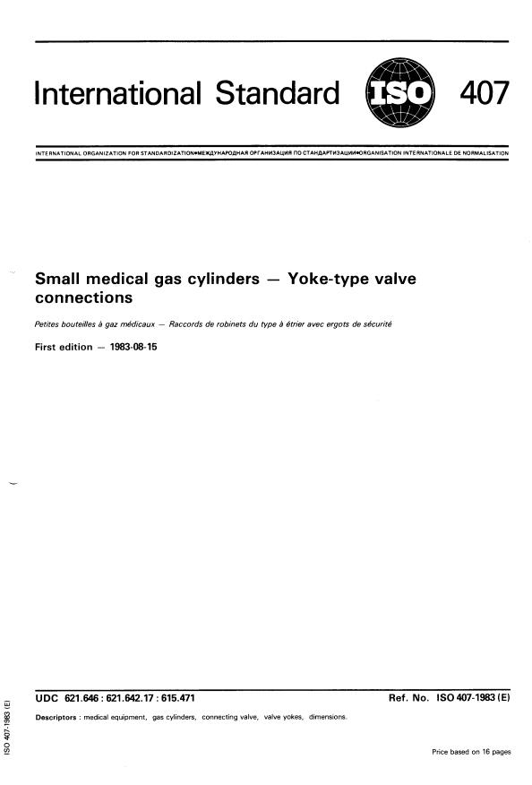 ISO 407:1983 - Small medical gas cylinders -- Yoke-type valve connections