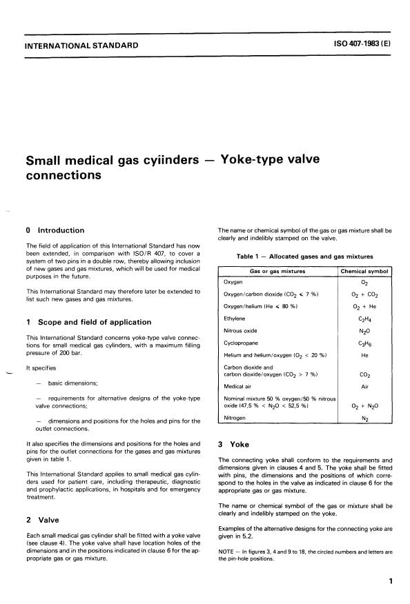ISO 407:1983 - Small medical gas cylinders -- Yoke-type valve connections