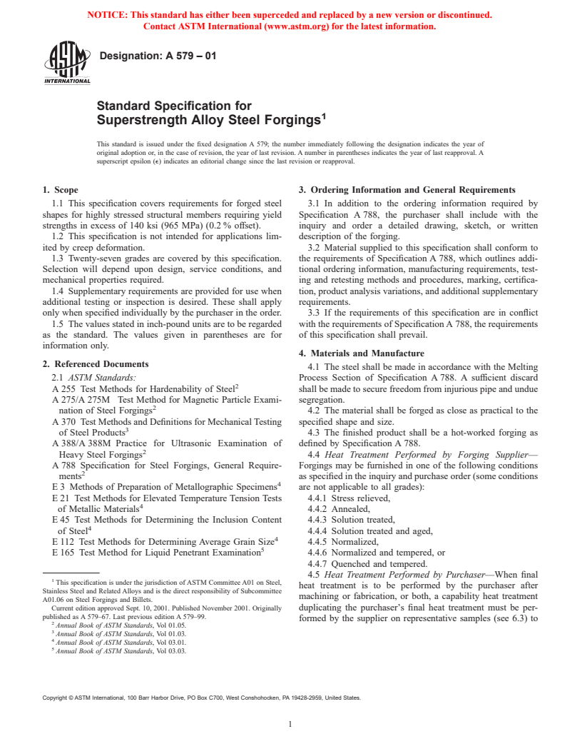 ASTM A579-01 - Standard Specification for Superstrength Alloy Steel Forgings