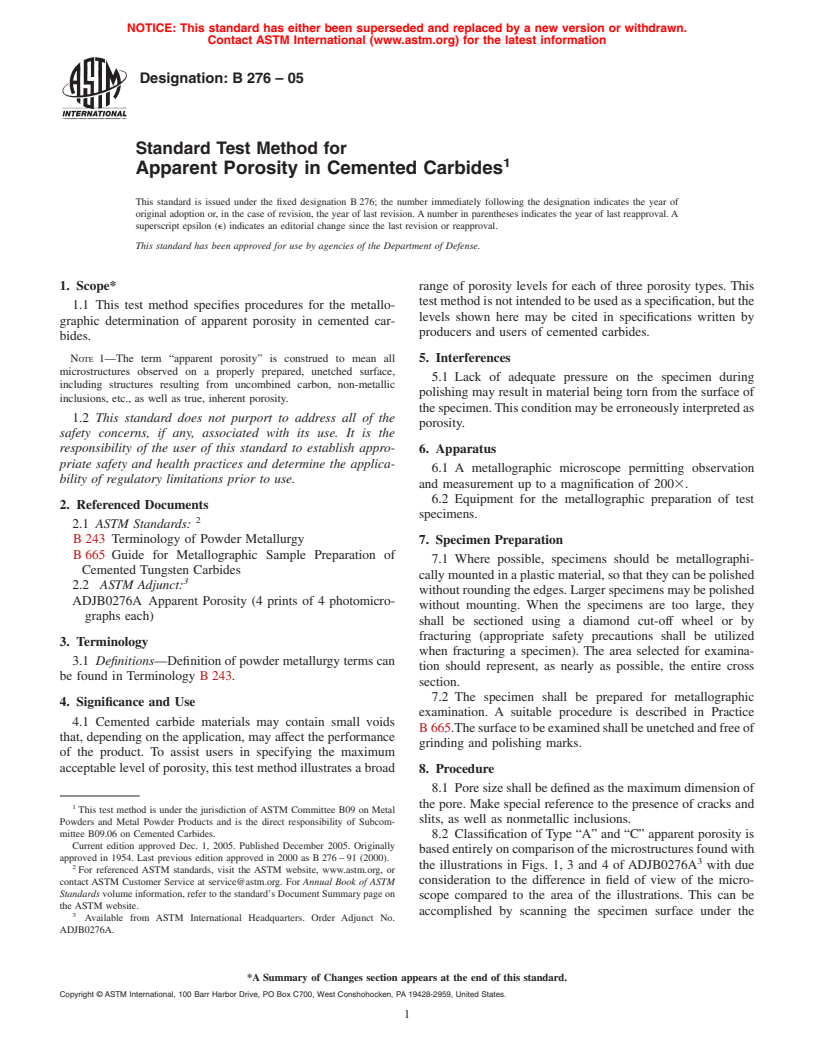 ASTM B276-05 - Standard Test Method for Apparent Porosity in Cemented Carbides