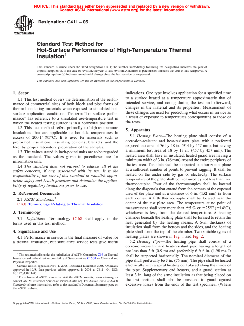 ASTM C411-05 - Standard Test Method for Hot-Surface Performance of High-Temperature Thermal Insulation
