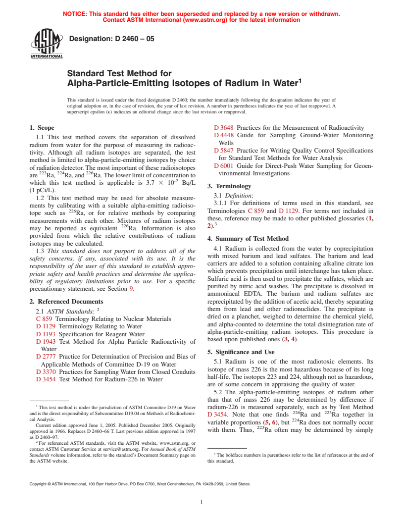 ASTM D2460-05 - Standard Test Method for Alpha-Particle-Emitting Isotopes of Radium in Water