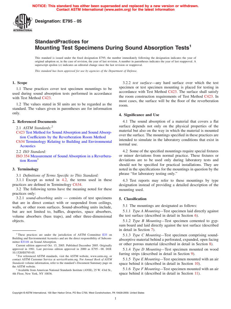 ASTM E795-05 - Standard Practices for Mounting Test Specimens During Sound Absorption Tests