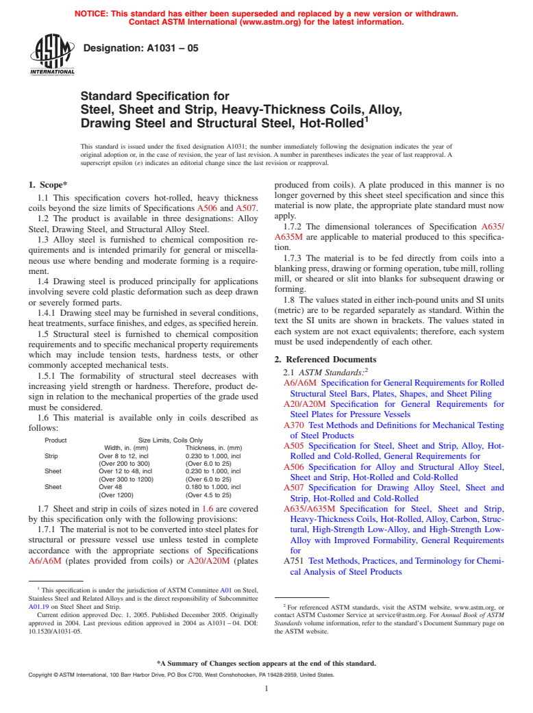 ASTM A1031-05 - Standard Specification for Steel, Sheet and Strip, Heavy-Thickness Coils, Alloy, Drawing Steel and Structural Steel, Hot-Rolled