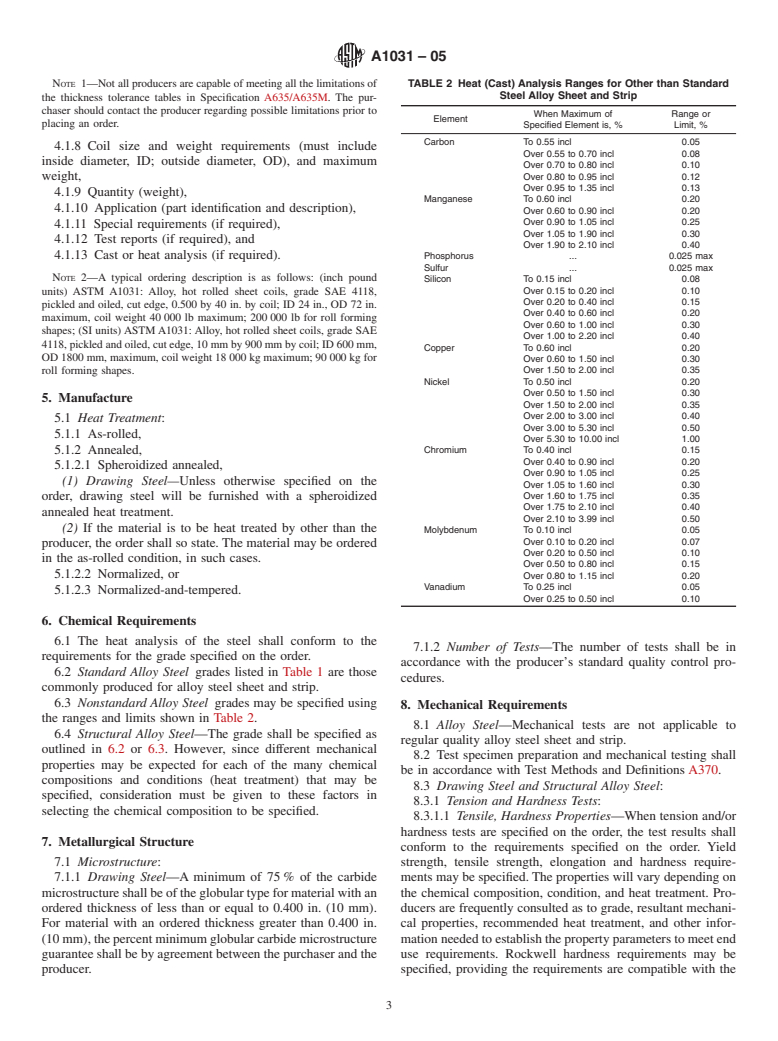 ASTM A1031-05 - Standard Specification for Steel, Sheet and Strip, Heavy-Thickness Coils, Alloy, Drawing Steel and Structural Steel, Hot-Rolled