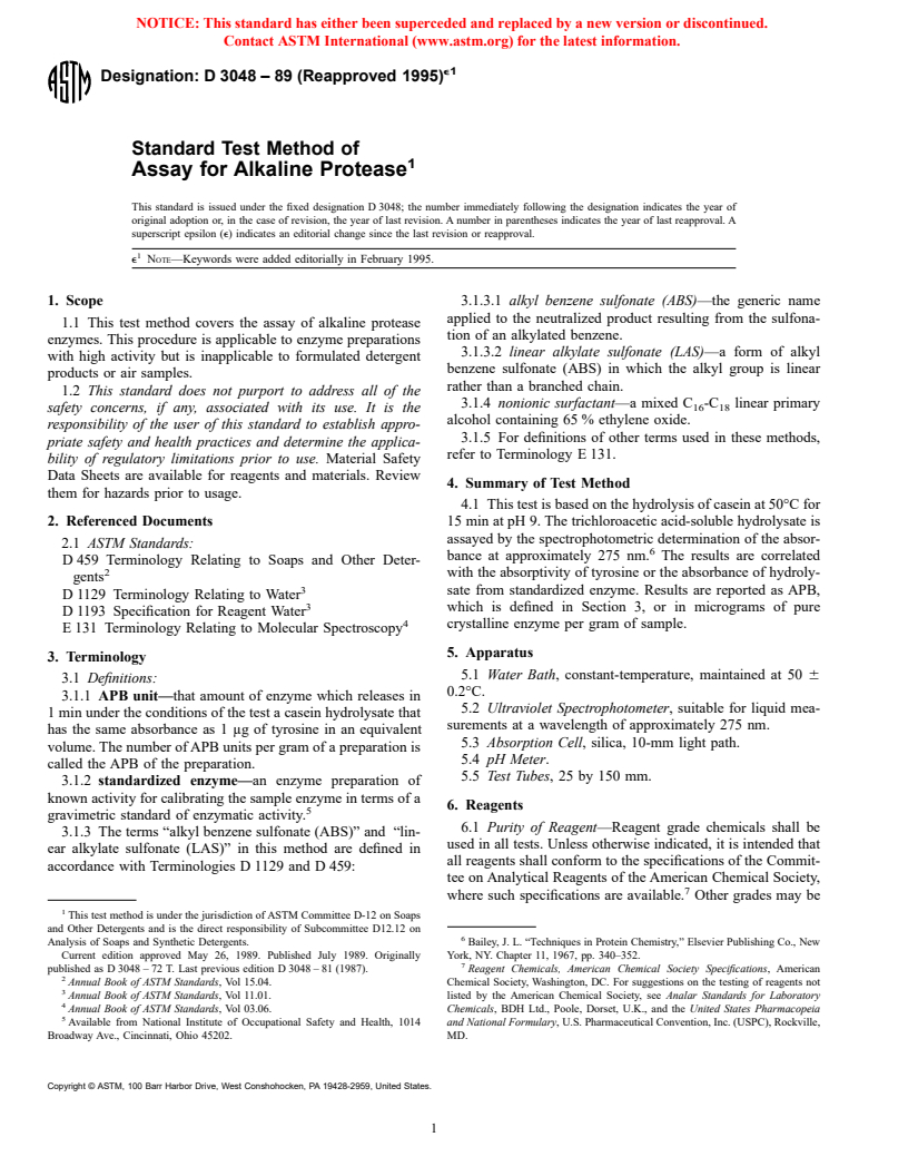 ASTM D3048-89(1995)e1 - Standard Test Method of Assay for Alkaline Protease