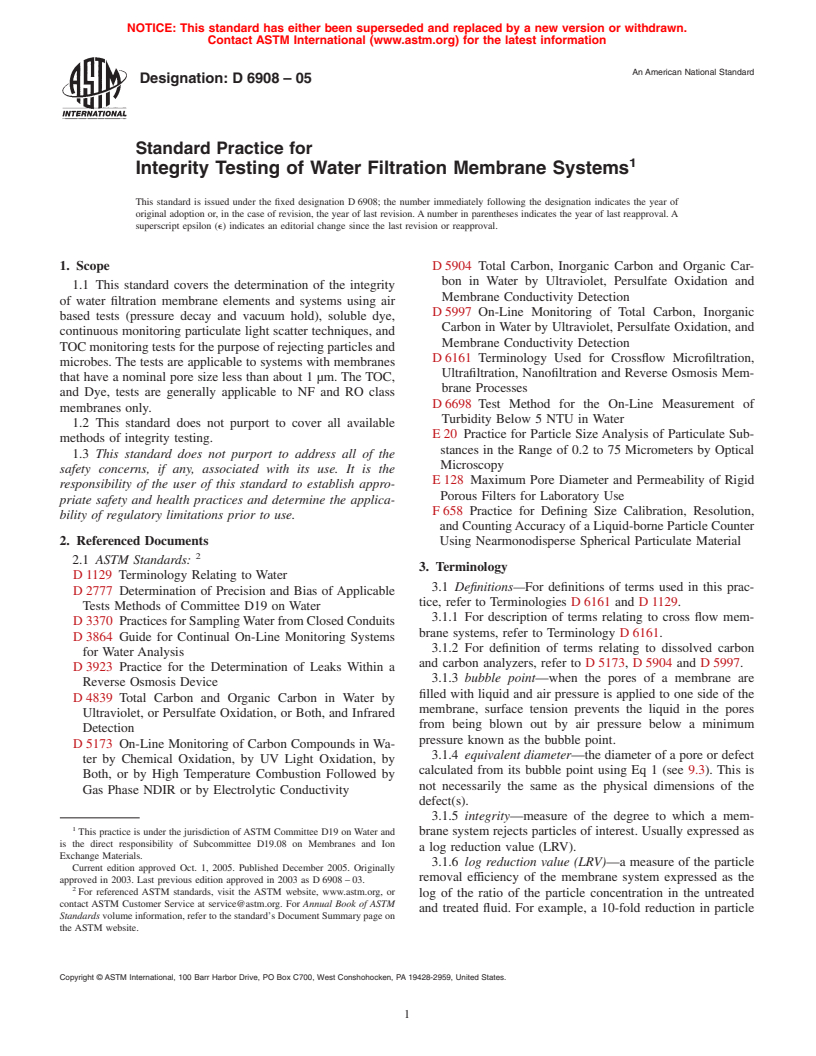 ASTM D6908-05 - Standard Practice for Integrity Testing of Water Filtration Membrane Systems