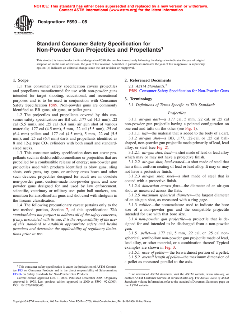 ASTM F590-05 - Consumer Safety Specification for Non-Powder Gun Projectiles and Propellants