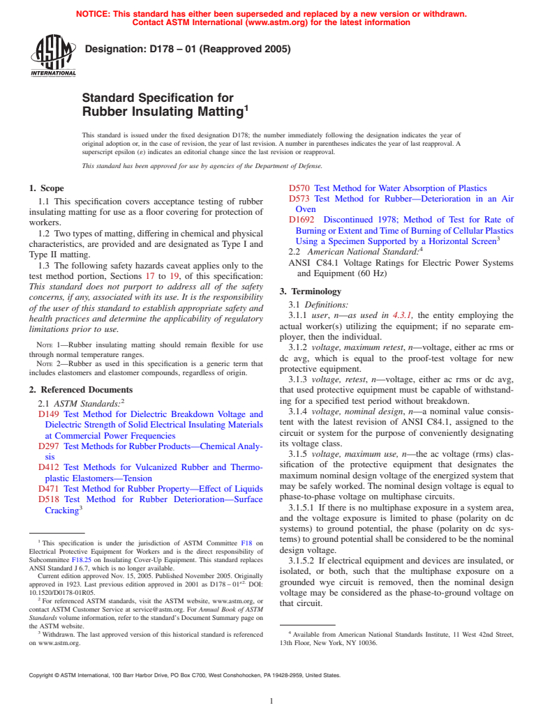 ASTM D178-01(2005) - Standard Specification for Rubber Insulating Matting