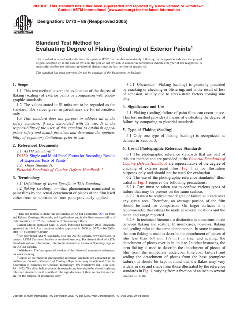 ASTM D772-86(2005) - Standard Test Method for Evaluating Degree of Flaking (Scaling) of Exterior Paints