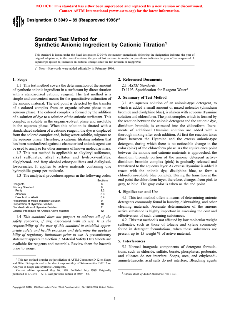 ASTM D3049-89(1996)e1 - Standard Test Method for Synthetic Anionic Ingredient by Cationic Titration