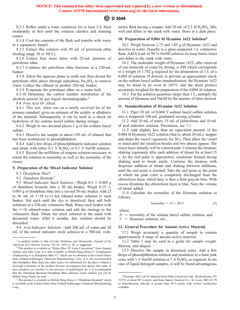 ASTM D3049-89(1996)e1 - Standard Test Method for Synthetic Anionic Ingredient by Cationic Titration