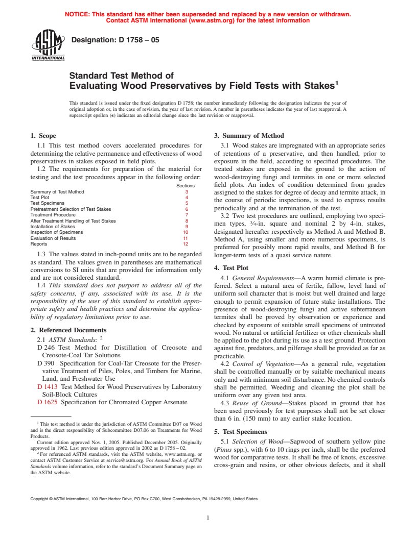 ASTM D1758-05 - Standard Test Method of Evaluating Wood Preservatives by Field Tests with Stakes