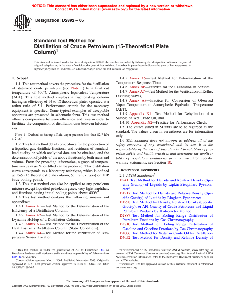 ASTM D2892-05 - Standard Test Method for Distillation of Crude Petroleum (15-Theoretical Plate Column)