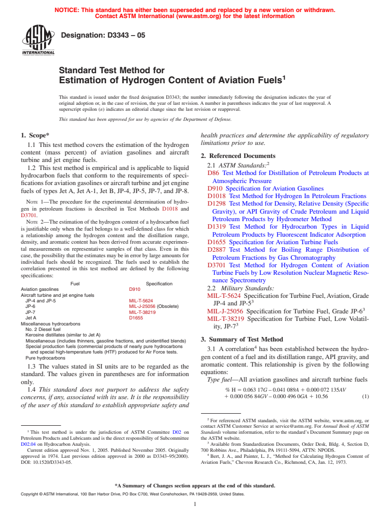 ASTM D3343-05 - Standard Test Method for Estimation of Hydrogen Content of Aviation Fuels