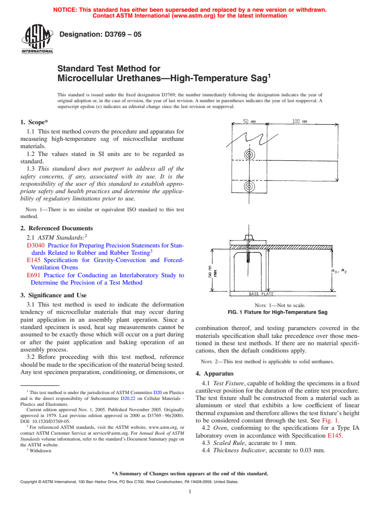 ASTM D3769-05 - Standard Test Method for Microcellular Urethanes--High Temperature Sag