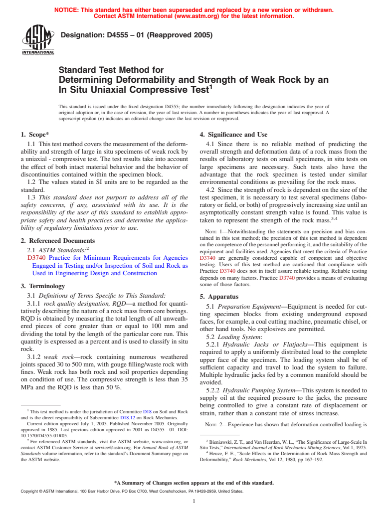 ASTM D4555-01(2005) - Standard Test Method for Determining Deformability and Strength of Weak Rock by an In Situ Uniaxial Compressive Test