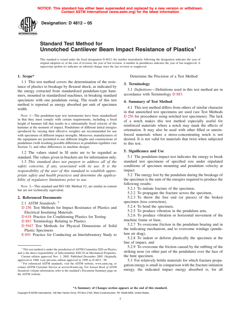 ASTM D4812-05 - Standard Test Method for Unnotched Cantilever Beam Impact Strength of Plastics