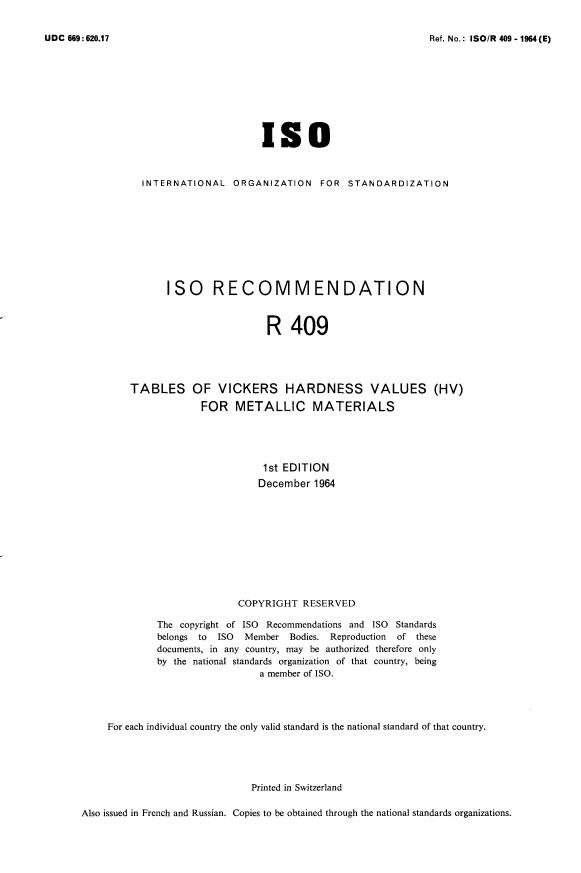 ISO/R 409:1964 - Tables of Vickers hardness values (HV) for metallic materials