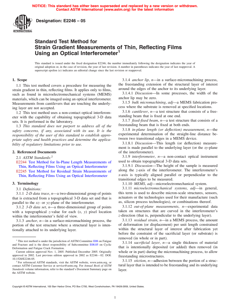 ASTM E2246-05 - Standard Test Method for Strain Gradient Measurements of Thin, Reflecting Films Using an Optical Interferometer