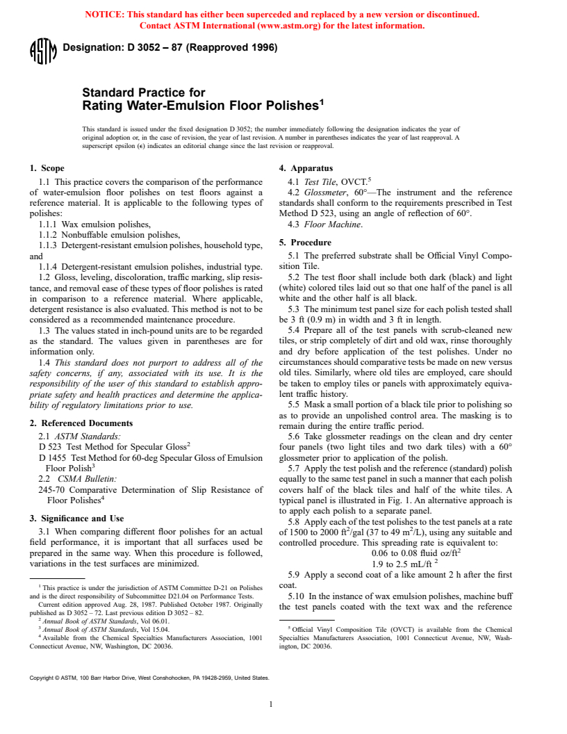 ASTM D3052-87(1996) - Standard Practice for Rating Water-Emulsion Floor Polishes