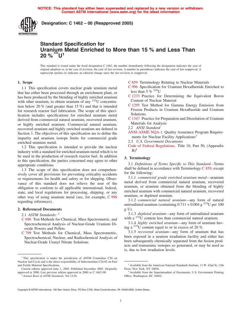 ASTM C1462-00(2005) - Standard Specification for Uranium Metal Enriched to More than 15% and Less Than 20%<sup>235</sup> U