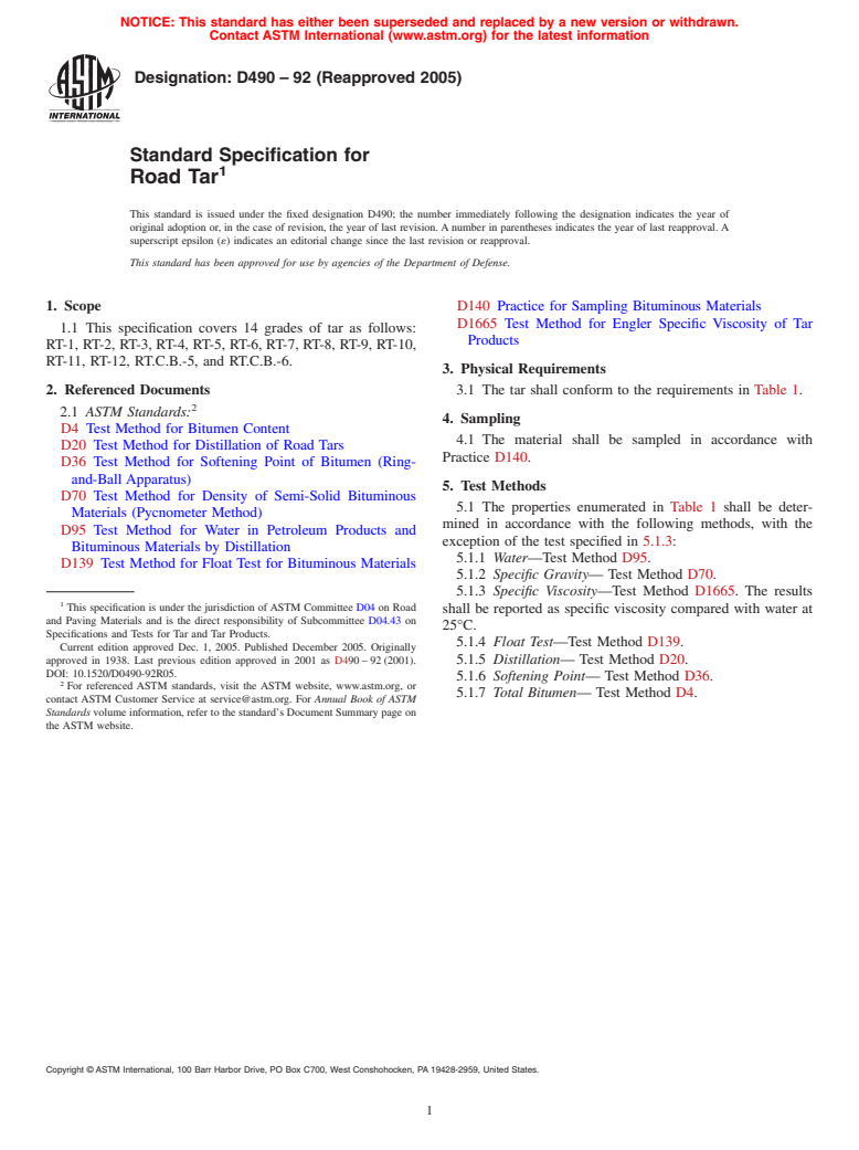 ASTM D490-92(2005) - Standard Specification for Road Tar