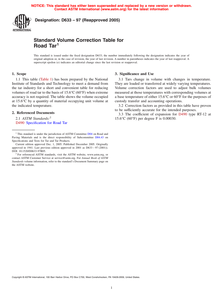 ASTM D633-97(2005) - Standard Volume Correction Table for Road Tar