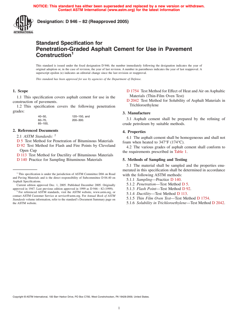 ASTM D946-82(2005) - Standard Specification for Penetration-Graded Asphalt Cement for Use in Pavement Construction