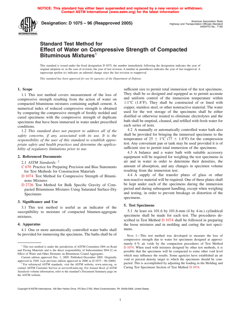 ASTM D1075-96(2005) - Standard Test Method for Effect of Water on Compressive Strength of Compacted Bituminous Mixtures