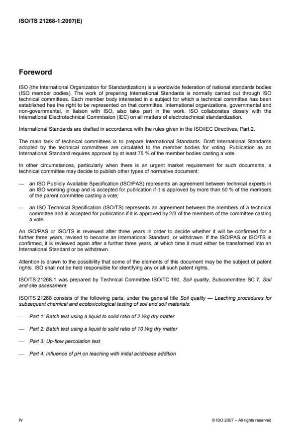 ISO/TS 21268-1:2007 ISO/TS 21268-1:2007 - Soil quality -- Leaching procedures for subsequent chemical and ecotoxicological testing of soil and soil materials - Page 4 preview