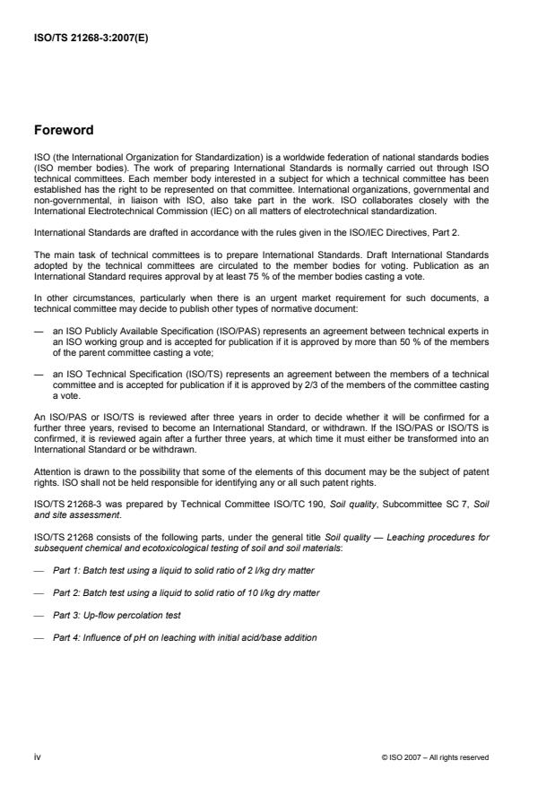 ISO/TS 21268-3:2007 ISO/TS 21268-3:2007 - Soil quality -- Leaching procedures for subsequent chemical and ecotoxicological testing of soil and soil materials - Page 4 preview