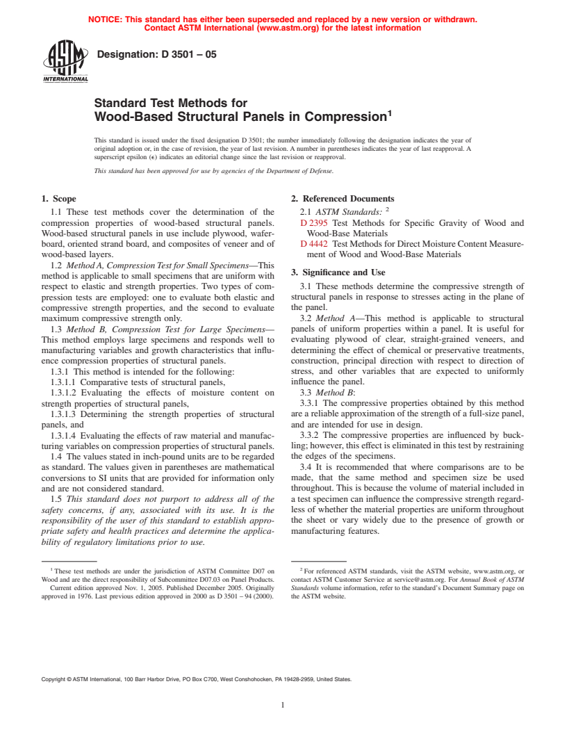 ASTM D3501-05 - Standard Test Methods for Wood-Based Structural Panels in Compression