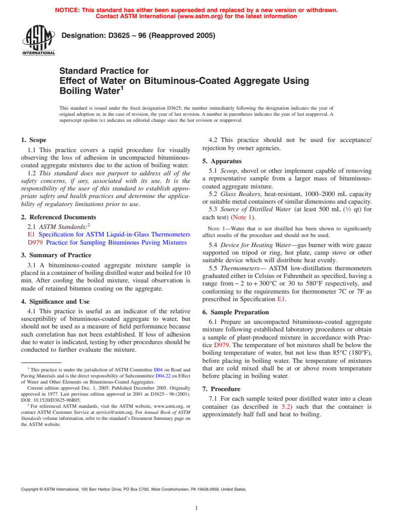 ASTM D3625-96(2005) - Standard Practice for Effect of Water on Bituminous-Coated Aggregate Using Boiling Water